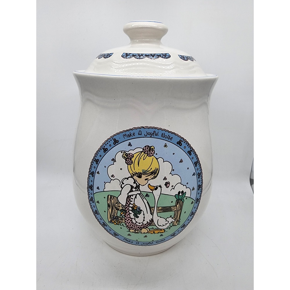 Precious Moments 1992 Make A Joyful Noise Ceramic Cookie Jar Vintage White Blue
